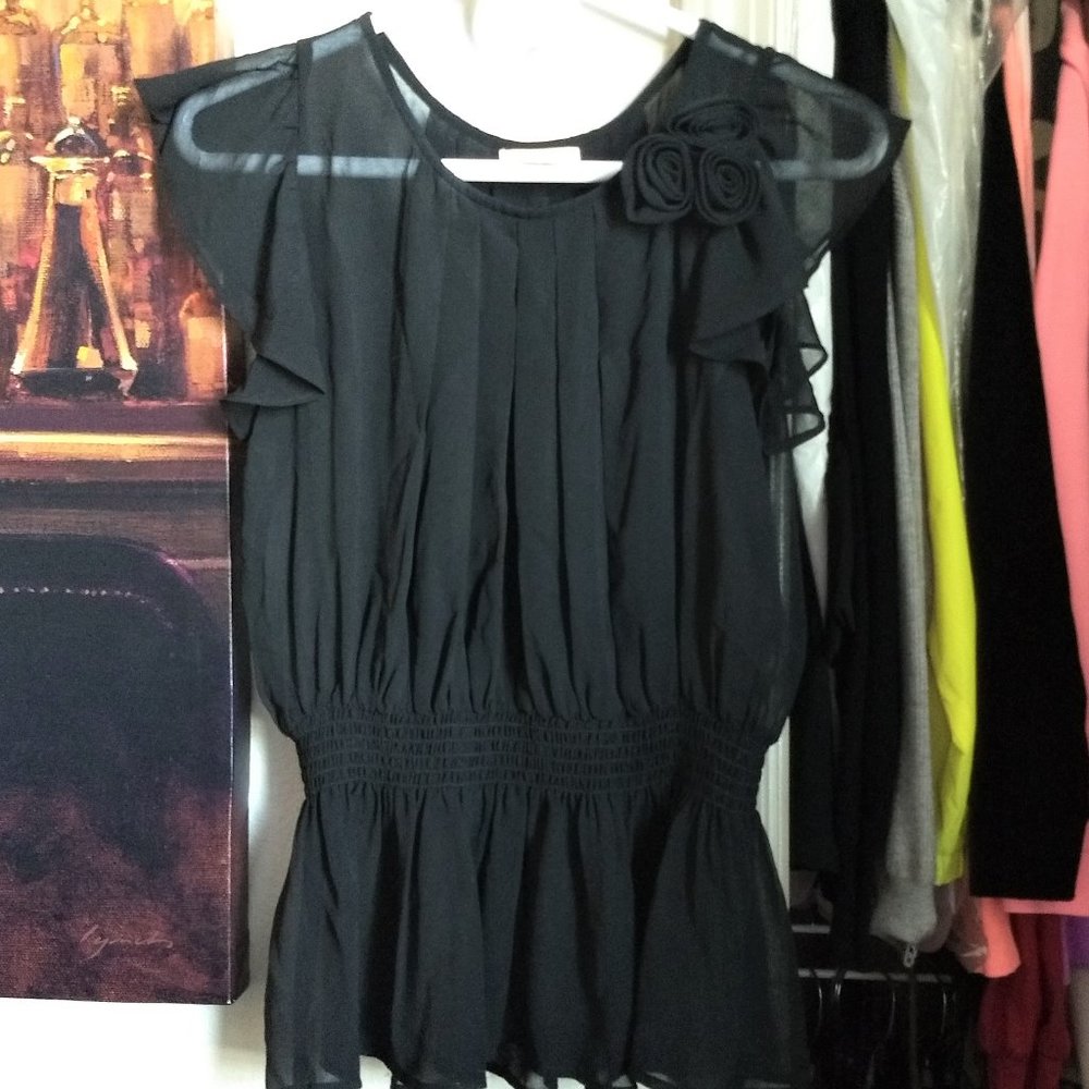 Chiffon Top Black Rose Cluster Blouse Sheer Peplum